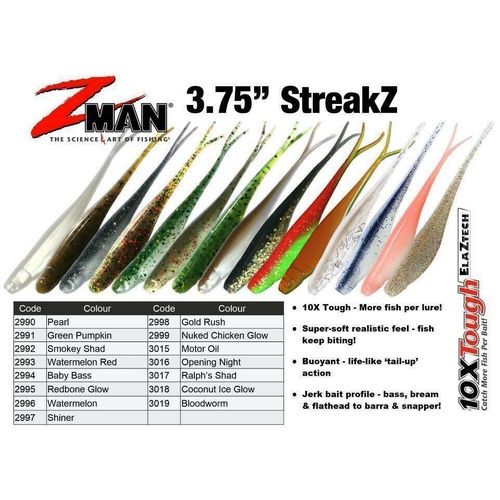 Zman 3.75" Inch Streakz Soft Plastic fishing lure Z Man Zman - Choose Colour