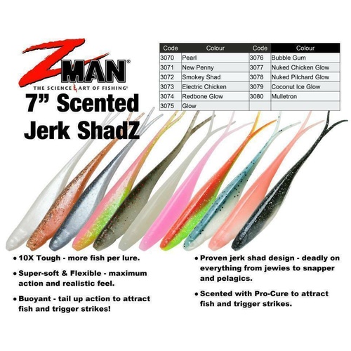 Zman Scented 7" Jerk ShadZ Soft Plastic Fishing Lure Z Man Zman - Choose Colour
