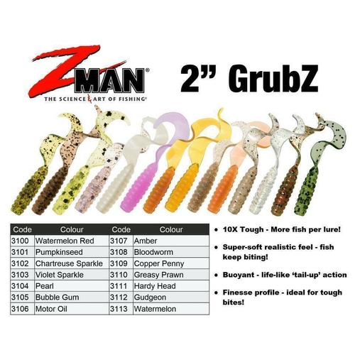 Zman 2" Inch Grubz Zman Soft Plastic Fishing Lures Z Man Grubs - Choose Colour