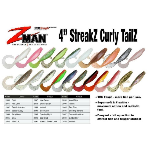 Zman StreakZ Curly Tail 4" Soft Plastic Fishing Lure - Choose Colour