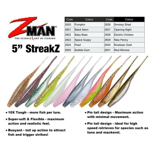 ZMan StreakZ 5" Jerk BaitZ Soft Plastic Fishing Lure - Choose Colour