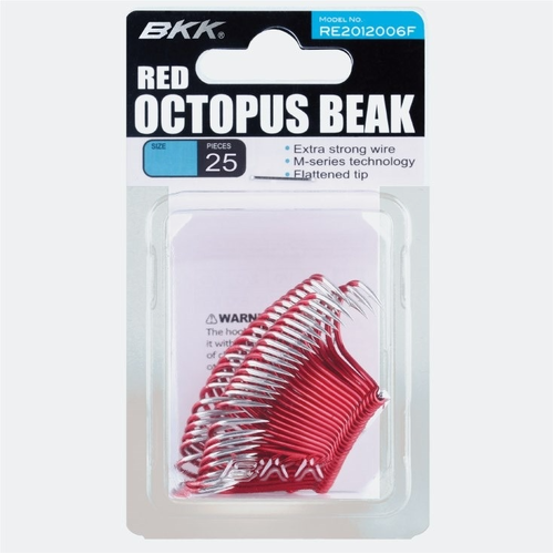 BKK Octopus Red Beak Bait Fishing Hook 25 Bulk Pack - Choose Size