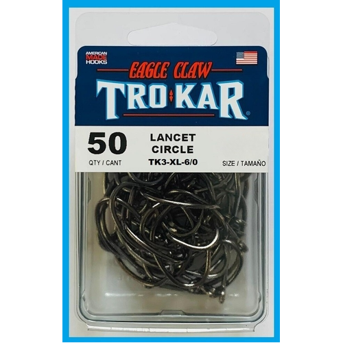 Eagle Claw Trokar TK4 Non-Offset Black Lancet Circle Fishing Hook 50 Pack - Choose Size
