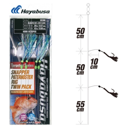 Hayabusa EX308 Snapper Paternoster White Flasher Rig Twin Pack - Choose Size