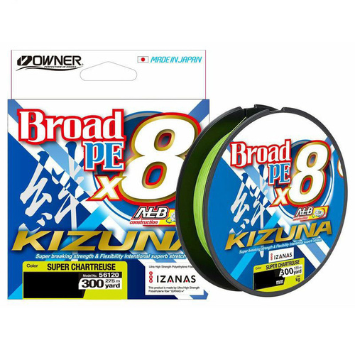 Owner Kizuna x8 Broad PE 300yds Super Chartreuse Braid Fishing Line - Choose Lb