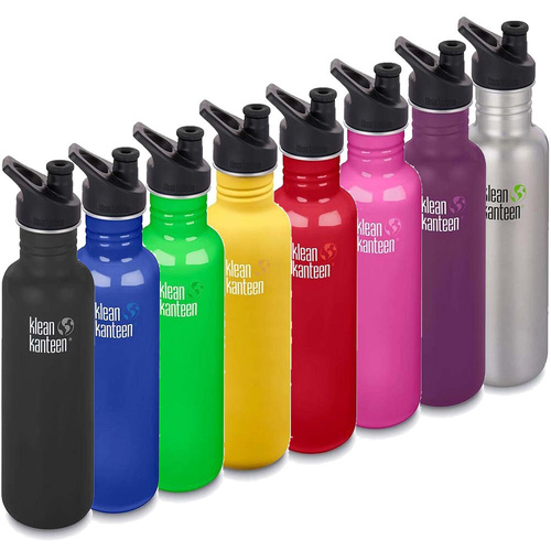Klean Kanteen 800ml 27oz Classic Sports Cap Stainless Steel Drink Bottle - Choose Colour