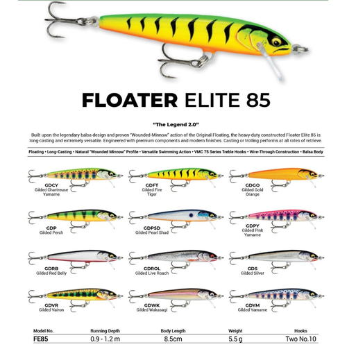 Rapala Floater Elite 85mm Hard Body Floating Fishing Lure - Choose Colour