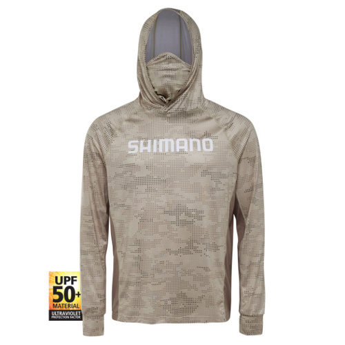 Shimano 2023 Tech Tee Long Sleeve Oatmeal Dot Camo Hooded Apparel - Choose Size (SHH1)