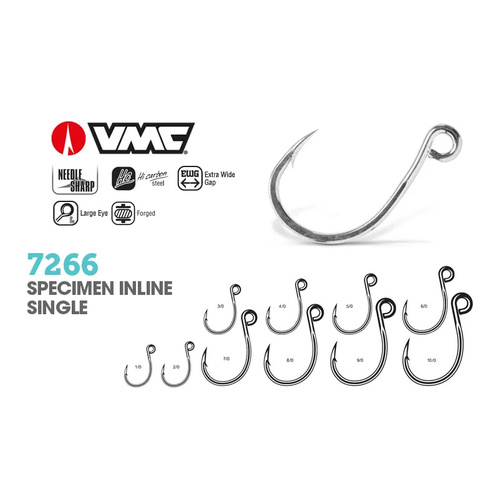 VMC 7266 Specimen Heavy Duty Inline Large Eye Single Lure Hook - Choose Size