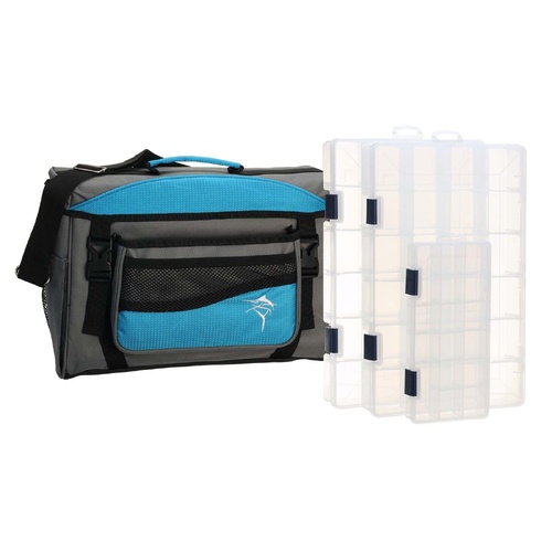 Jarvis Walker Medium Lure Fishing Tackle Bag With 3 Lure Boxes - Grey &amp; Blue